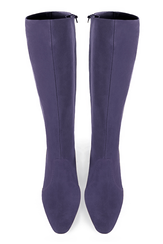 Lavender purple women's feminine knee-high boots. Round toe. Low flare heels. Made to measure. Top view - Florence KOOIJMAN